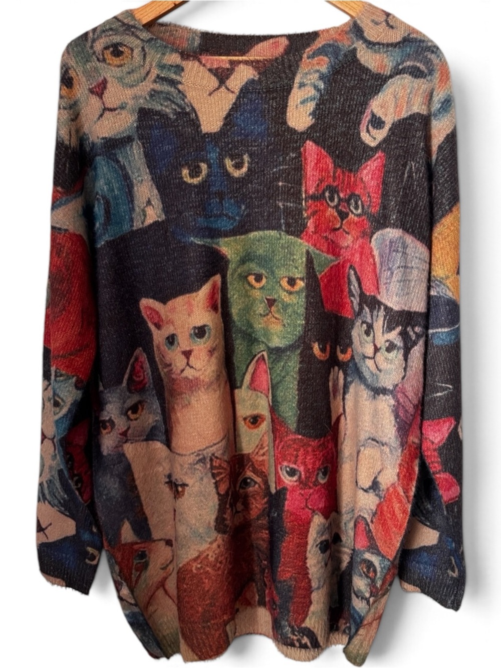 Cat Sweater Women L Wool Cotton Multicolor Artsy Whimsical Novelty Oversized